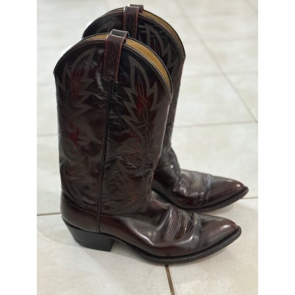 Dan Post Western Cowboy Boots Men’s 11 Black Cherry Burgundy Pointed Toe GUC - Picture 1 of 14